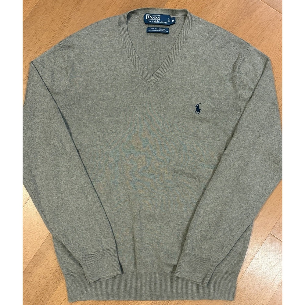 Polo Ralph Lauren Sweater Mens Large Gray V Neck Pima Cotton Knit Pullover
